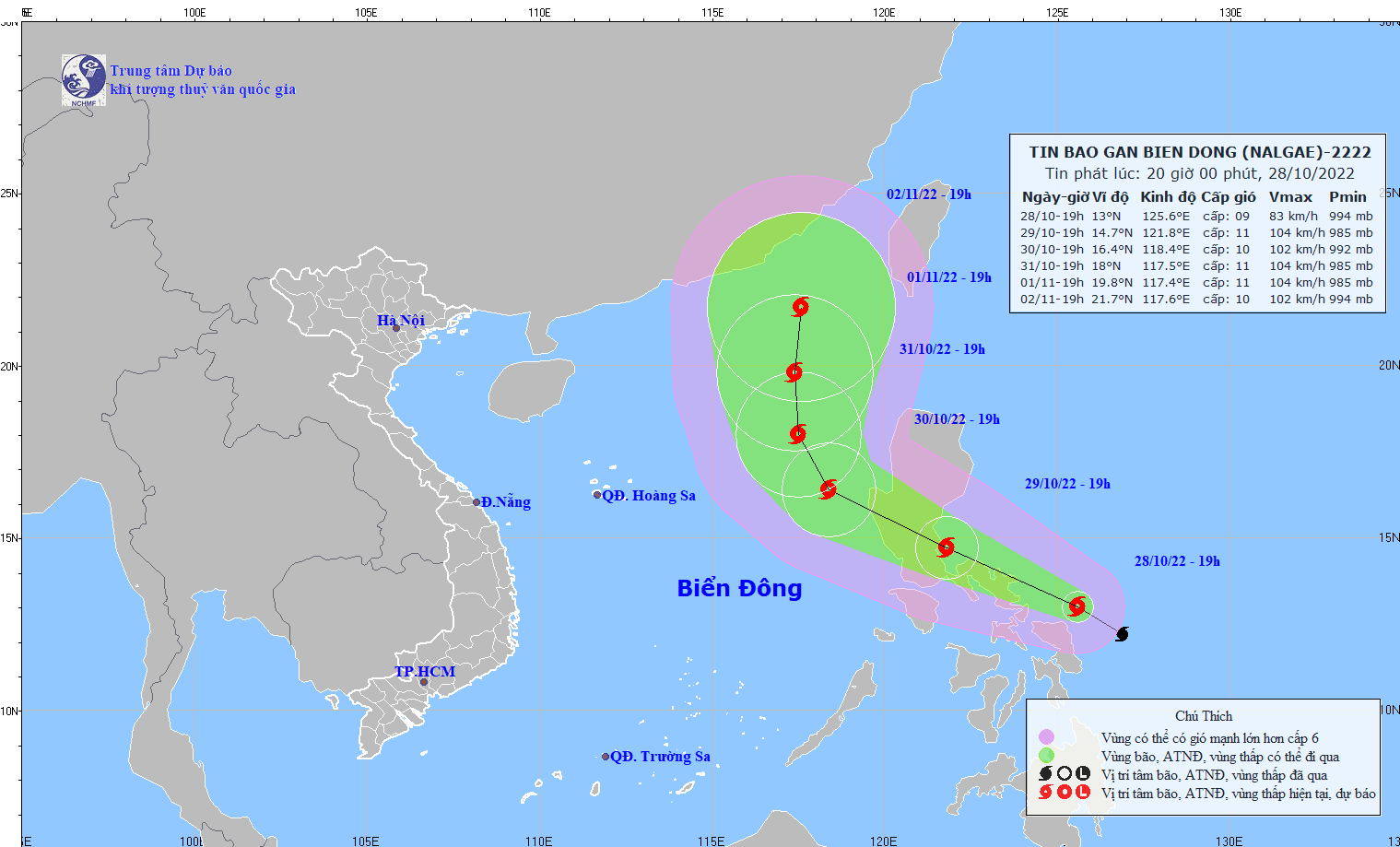Dự báo hướng đi và vùng ảnh hưởng của bão Nalgae lúc 19h ngày 28/10. Ảnh: NCHMF