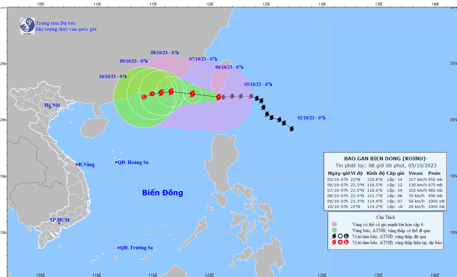 7h sáng 5/10, tâm bão Koinu ở trên vùng biển phía nam đảo Đài Loan (Trung Quốc). Ảnh: NCHMF