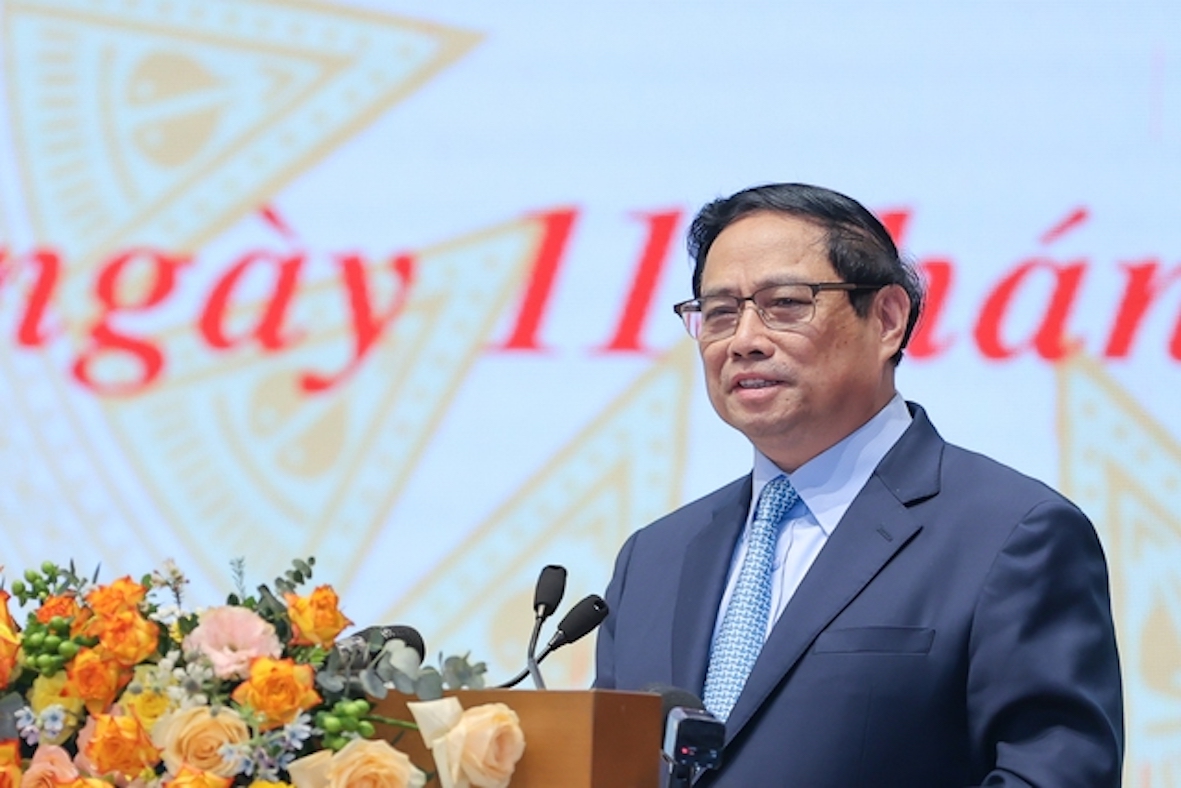 Thủ tướng Phạm Minh Chính phát biểu tại buổi gặp mặt giới doanh nhân. Ảnh: VGP