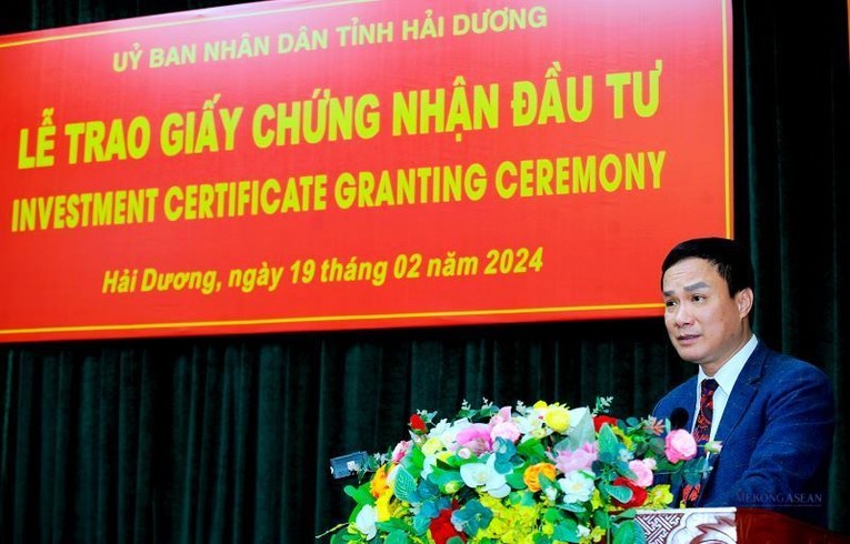 Ông Triệu Thế Hùng, Chủ tịch UBND tỉnh Hải Dương phát biểu tại buổi lễ.