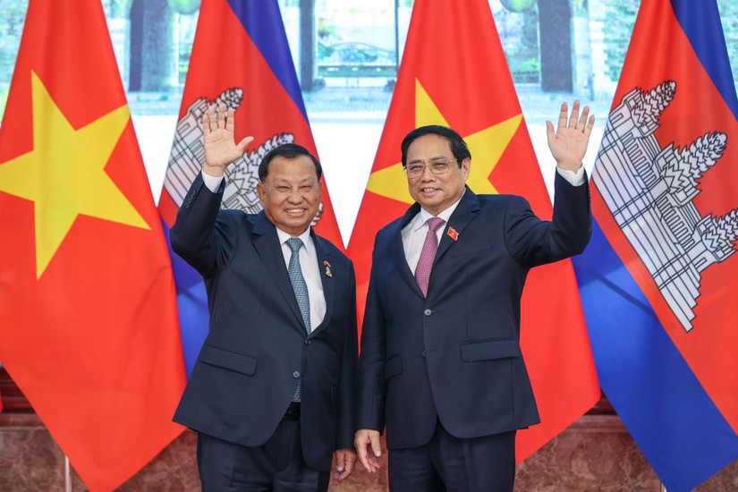 Thủ tướng Phạm Minh Chính tiếp Chủ tịch Thượng viện Campuchia tại Trụ sở Chính phủ. Ảnh: VGP