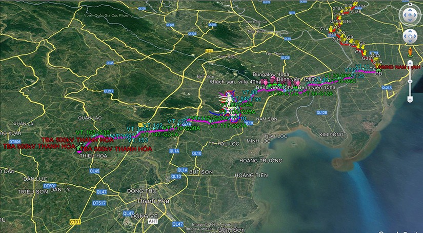 Hướng tuyến (đường màu hồng) dự án đường dây 500kV mạch 3 đoạn Nhà máy Nhiệt điện Nam Định - Thanh Hóa. Nguồn: VGP. 