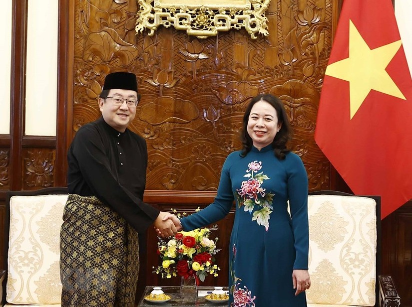 Quyền Chủ tịch nước Võ Thị Ánh Xuân tiếp Đại sứ Malaysia Tan Yang Thai trình quốc thư. Ảnh: TTXVN
