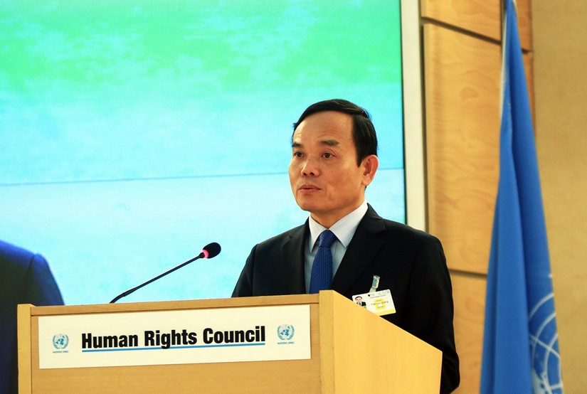 Phó Thủ tướng Trần Lưu Quang khẳng định phương châm của Việt Nam tham gia Hội đồng Nhân quyền là "Tôn trọng và hiểu biết. Đối thoại và hợp tác. Tất cả các quyền con người cho tất cả mọi người". Ảnh: VGP