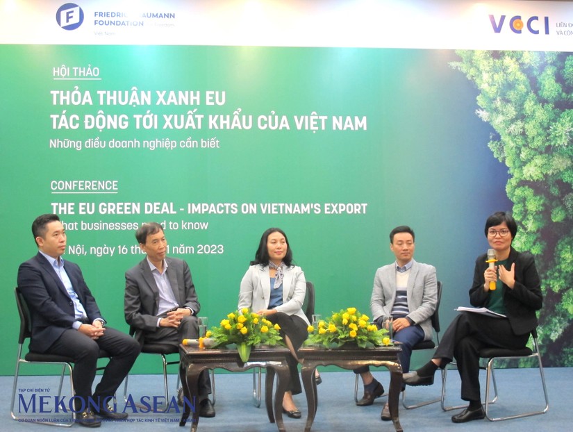 Hội thảo nhằm hỗ trợ các doanh nghiệp sản xuất, xuất khẩu tìm hiểu về các tiêu chuẩn xanh trong khuôn khổ Thỏa thuận Xanh EU. Ảnh: Anh Thư