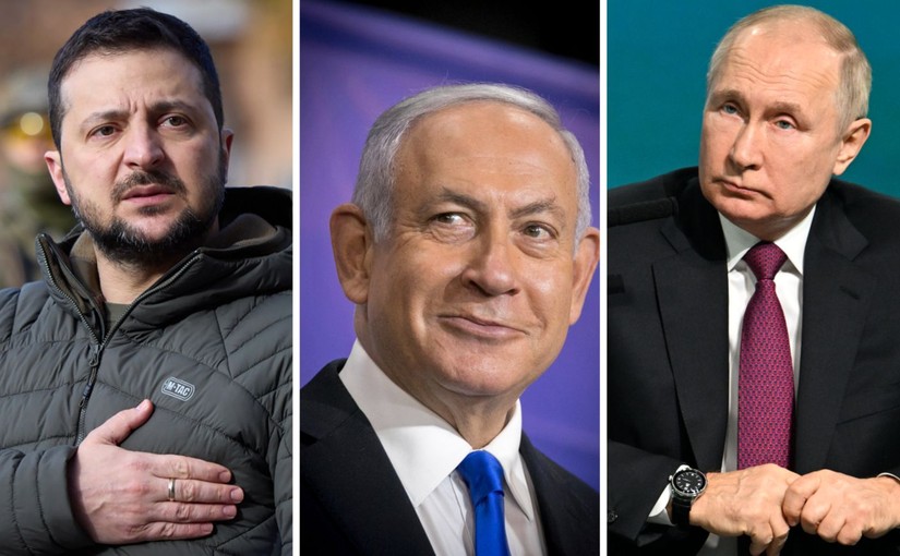 Tổng thống Ukraine Volodymyr Zelensky, Thủ tướng Israel Benjamin Netanyahu và Tổng thống Nga Vladimir Putin. Ảnh: AP