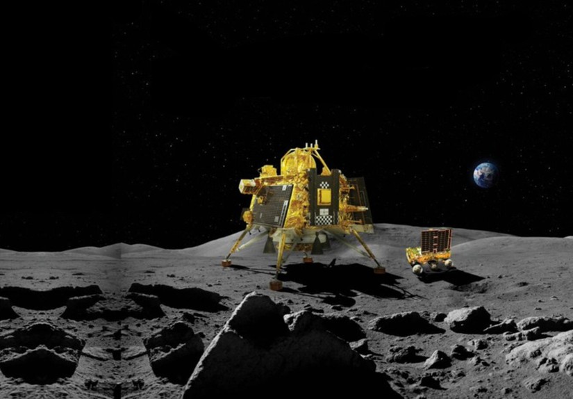 Mô phỏng cảnh tàu vũ trụ Chandrayaan-3 hạ cánh xuống Mặt trăng. Ảnh: ISRO