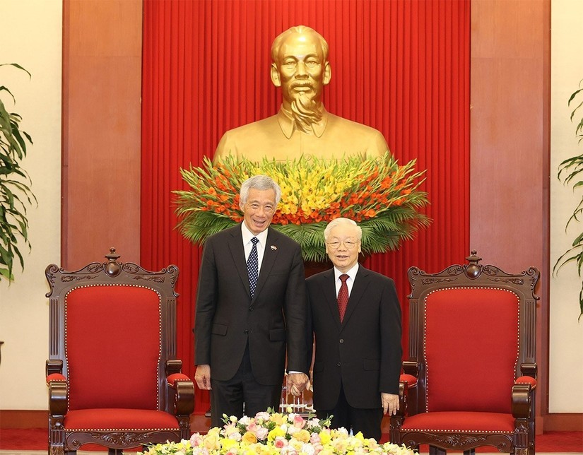Tổng Bí thư Nguyễn Phú Trọng tiếp Thủ tướng Singapore Lý Hiển Long tại Trụ sở Trung ương Đảng ngày 28/8. Ảnh: TTXVN