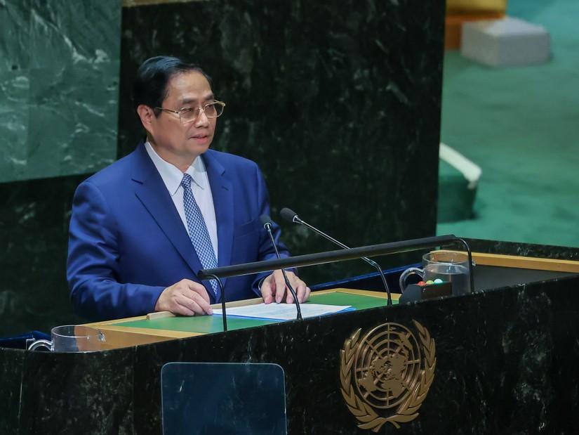 Thủ tướng Phạm Minh Chính phát biểu tại Phiên thảo luận chung Cấp cao Đại hội đồng Liên Hợp Quốc khóa 78. Ảnh: VGP