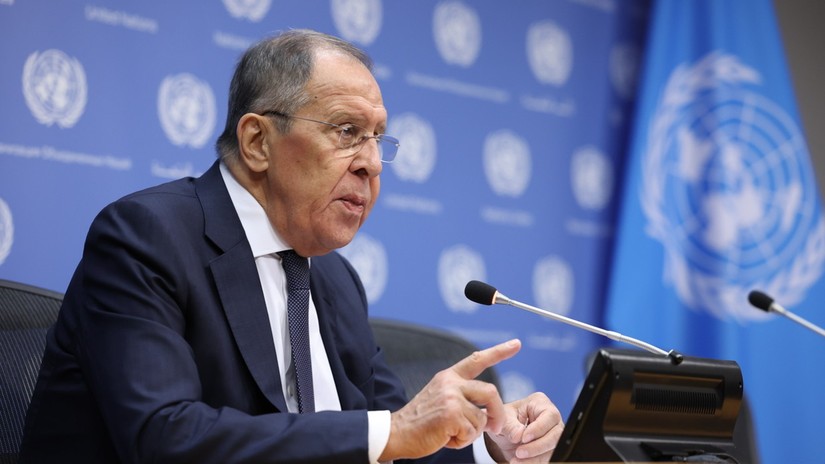 Ngoại trưởng Nga Sergey Lavrov tổ chức cuộc họp báo tại trụ sở Liên Hợp Quốc ở New York, Mỹ ngày 23/9/2023. Ảnh: Sputnik