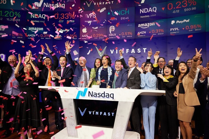 Lễ rung chuông khai trương cổ phiếu VinFast niêm yết trên sàn chứng khoán Nasdaq. Nguồn: VinFast.