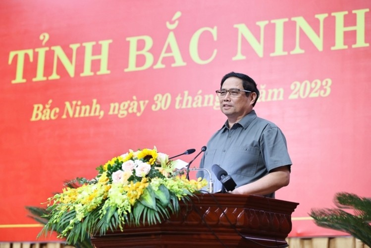 Thủ tướng Chính phủ Phạm Minh Chính phát biểu tại buổi làm việc với Ban Thường vụ Tỉnh ủy Bắc Ninh hồi cuối tháng 7/2023. Nguồn: VGP