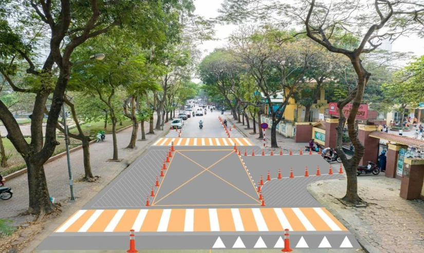 Mô hình cổng trường học đảm bảo an toàn giao thông được Sở GTVT Hà Nội cùng các đơn vị thực hiện thí điểm. Nguồn: Báo Giao thông. 