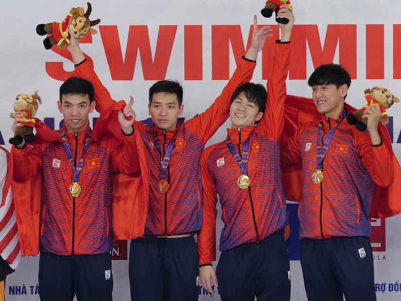 Đội tuyển bơi Việt Nam phá kỷ lục SEA Games nội dung 4x200m bơi tiếp sức tự do nam. Ảnh:TTXVN