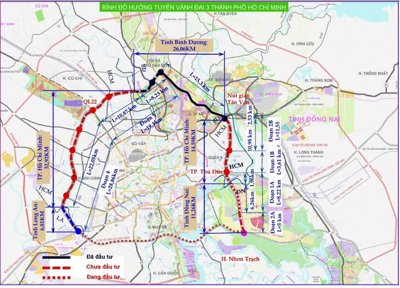 Sơ đồ hướng tuyến đường vành đai 3, TP HCM - Nguồn : Ban quản lý dự án đầu tư xây dựng các công trình giao thông TP HCM