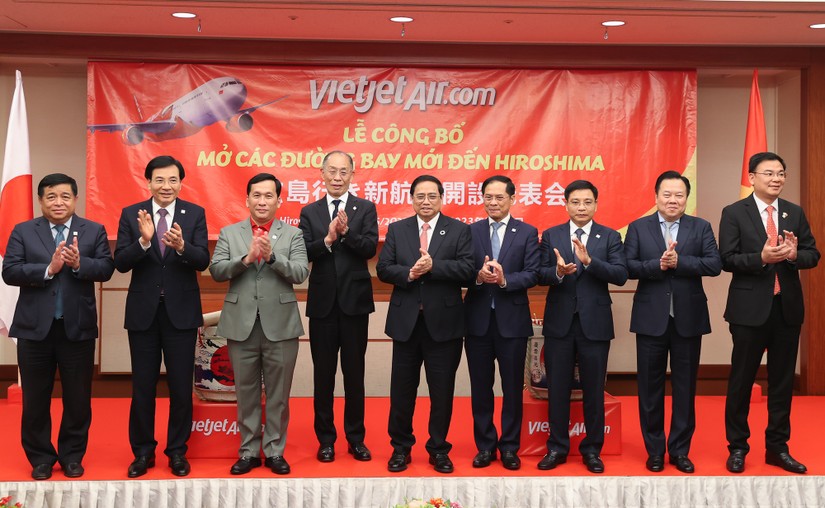 Thủ tướng Phạm Minh Chính dự lễ công bố đường bay thẳng đầu tiên từ Việt Nam đến Hiroshima, Nhật Bản. Ảnh: VGP