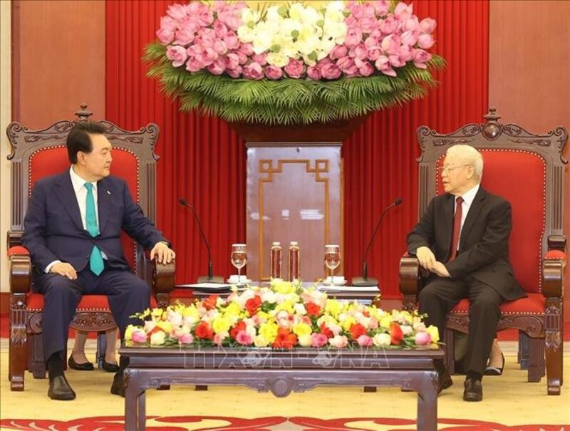 Tổng Bí thư Nguyễn Phú Trọng đề nghị Việt Nam và Hàn Quốc duy trì thường xuyên các hoạt động trao đổi, tiếp xúc cấp cao và các cấp. Ảnh: TTXVN