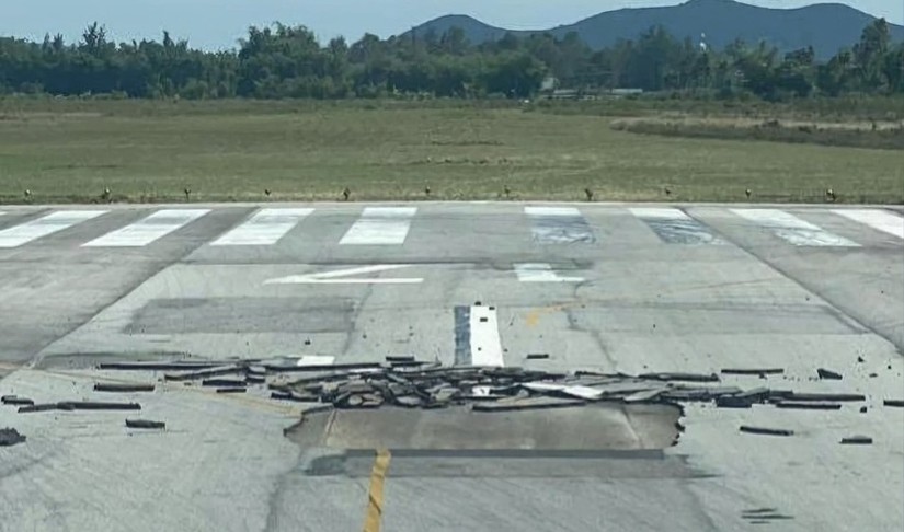 Vết nứt trên đường băng tại sân bay Vinh. Ảnh: Báo Nghệ An