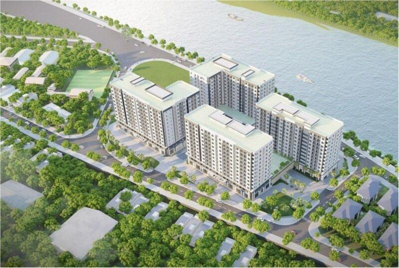 Phối cảnh dự án 4 khối nhà nhà ở xã hội cao 12 tầng xây dựng phía tả sông Hồng ở khu vực thôn Sơn Mãn, xã Vạn Hòa, TP Lào Cai.