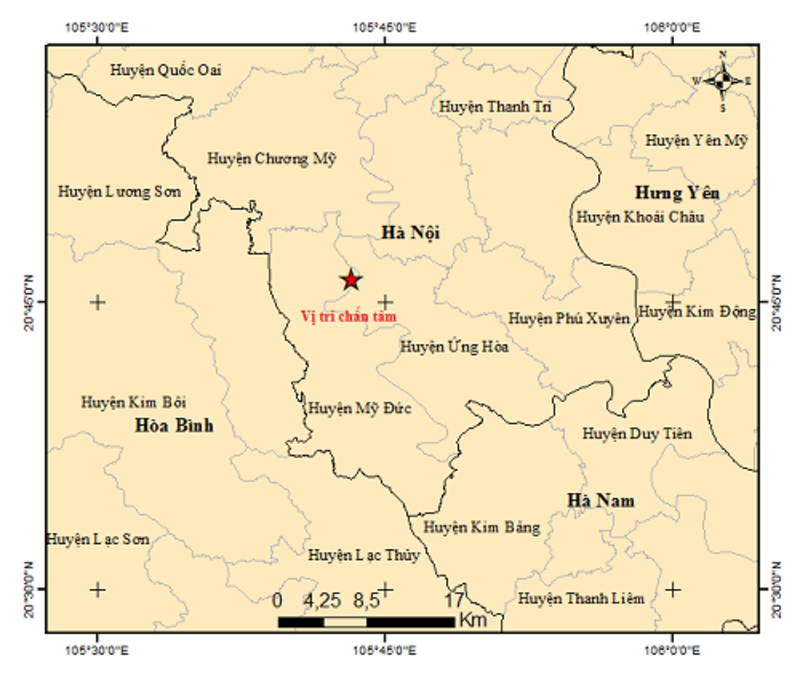 Vị trí trận động đất sáng nay tại Hà Nội. Ảnh: Viện Vật lý địa cầu.