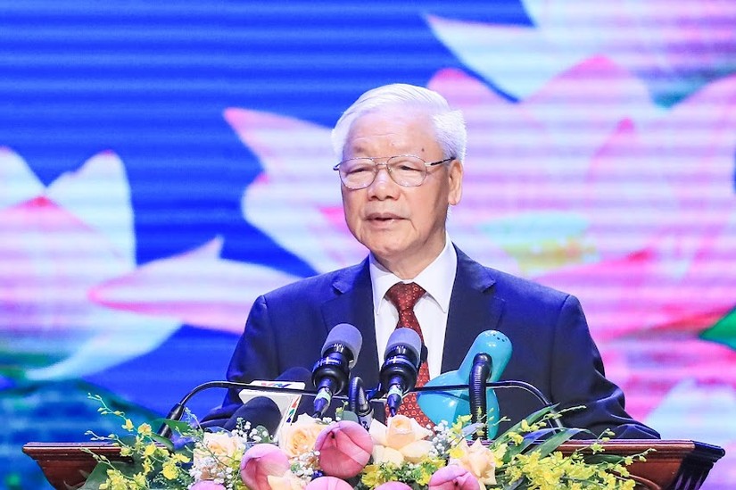 Tổng Bí thư Nguyễn Phú Trọng đọc diễn văn tại lễ kỷ niệm. Ảnh: VGP