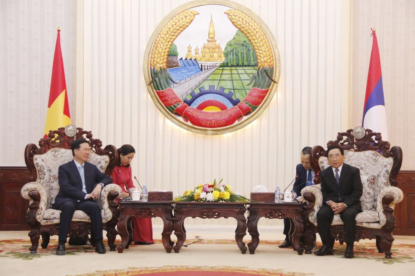 Thủ tướng Chính phủ Lào Phankham Viphavanh tiếp Thường trực Ban Bí thư Võ Văn Thưởng vào chiều 17/7 nhân chuyến thăm chính thức của đoàn đại biểu cấp cao Việt Nam. Ảnh VGP