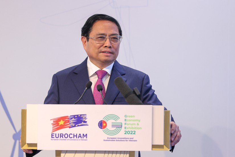 Thủ tướng Phạm Minh Chính phát biểu tại lễ khai mạc Diễn đàn và Triển lãm Kinh tế xanh GEFE 2022. Ảnh: VGP