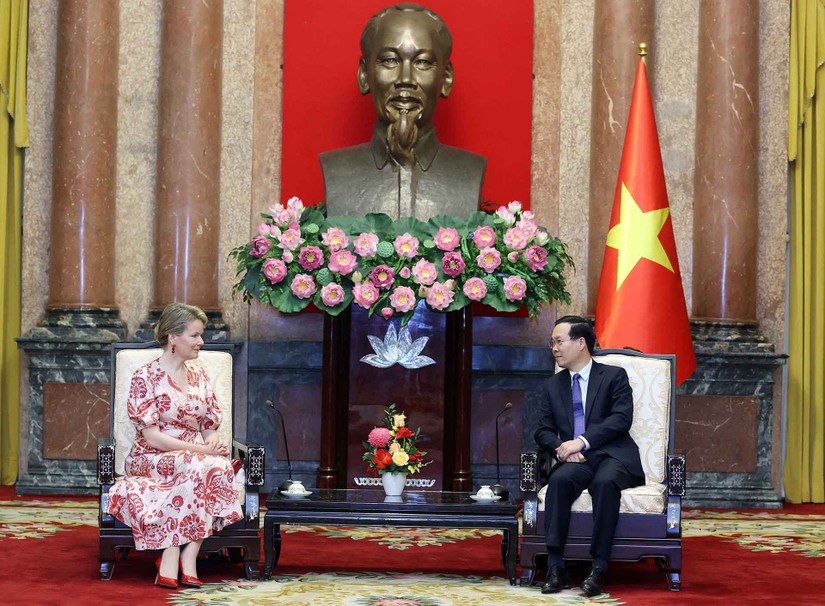 Chủ tịch nước Võ Văn Thưởng tiếp Hoàng hậu Bỉ Mathilde sang thăm và làm việc tại Việt Nam với tư cách là Chủ tịch Danh dự của UNICEF Bỉ. Ảnh: TTXVN