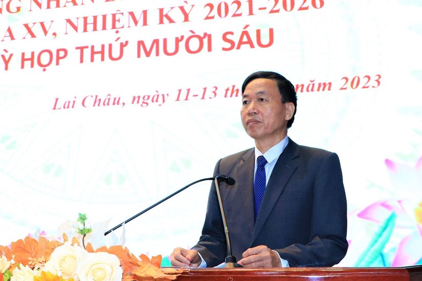 Ông Lê Văn Lương, tân Chủ tịch UBND tỉnh Lai Châu phát biểu nhận nhiệm vụ. Ảnh: VGP