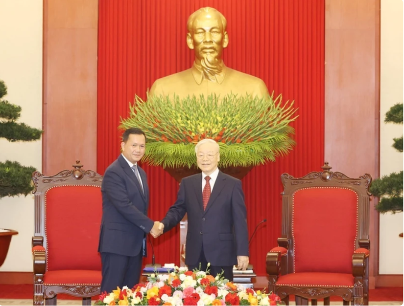 Tổng Bí thư Nguyễn Phú Trọng và Thủ tướng, Phó Chủ tịch Đảng Nhân dân Campuchia Hun Manet. Ảnh: TTXVN