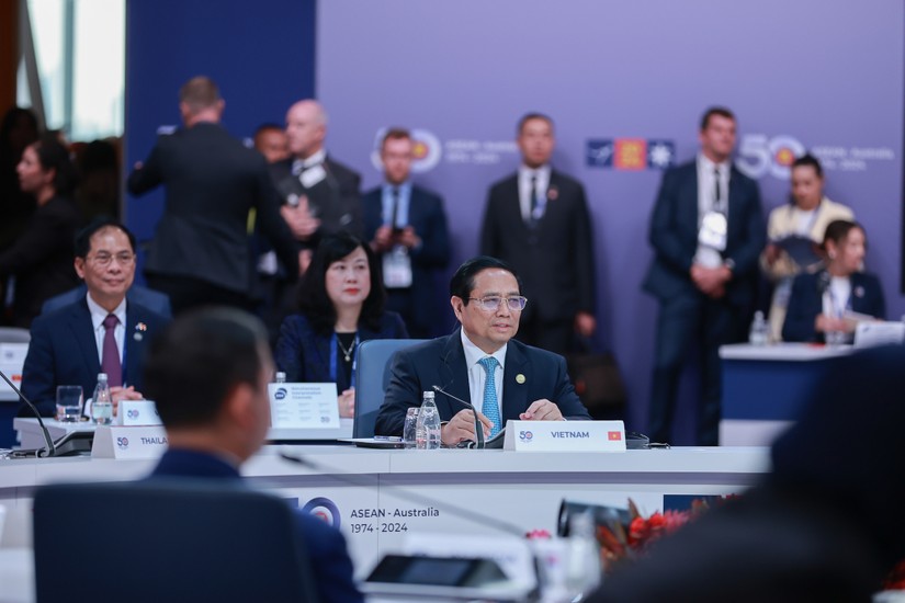 Thủ tướng Phạm Minh Chính dự và phát biểu tại Phiên họp toàn thể Hội nghị Cấp cao đặc biệt ASEAN - Australia. Ảnh: VGP