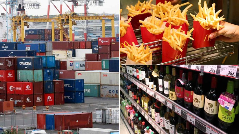Tình trạng thiếu container đã ảnh hưởng đến nguồn cung thực phẩm và đồ uống, chẳng hạn như khoai tây chiên và rượu vang sang châu Á. Ảnh: AP, Getty Images, Kosaku Mimura