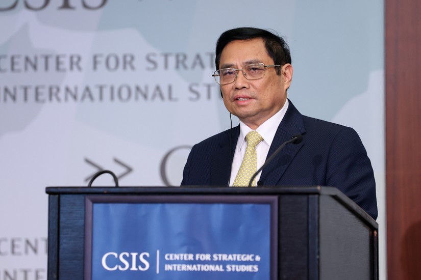 Thủ tướng Phạm Minh Chính phát biểu tại Trung tâm nghiên cứu Chiến lược và Quốc tế Mỹ (CSIS). Ảnh: VGP