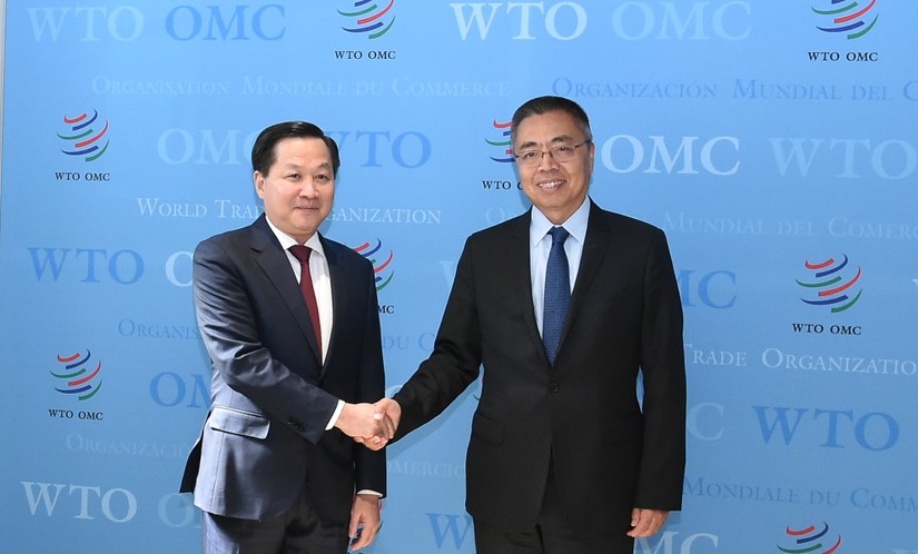 Phó Thủ tướng Chính phủ Lê Minh Khái và Phó Tổng Giám đốc WTO Trương Hướng Thần. Ảnh: VGP