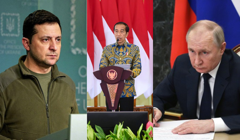 Từ trái sang phải: Tổng thống Ukraine Volodymyr Zelensky, Tổng thống Indonesia Joko Widodo và Tổng thống Nga Vladimir Putin. Ảnh: Coconuts Jakarta
