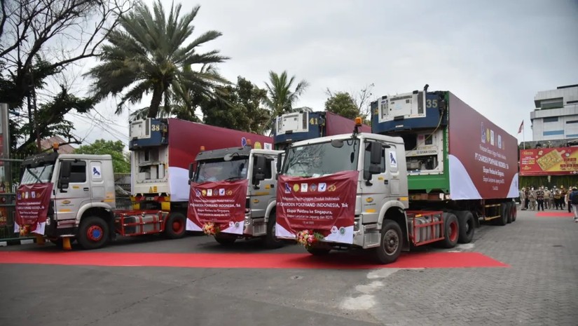 Ba xe container chở thịt gà của Indonesia chuẩn bị xuất khẩu sang Singapore, ngày 13/7. Ảnh: CNA