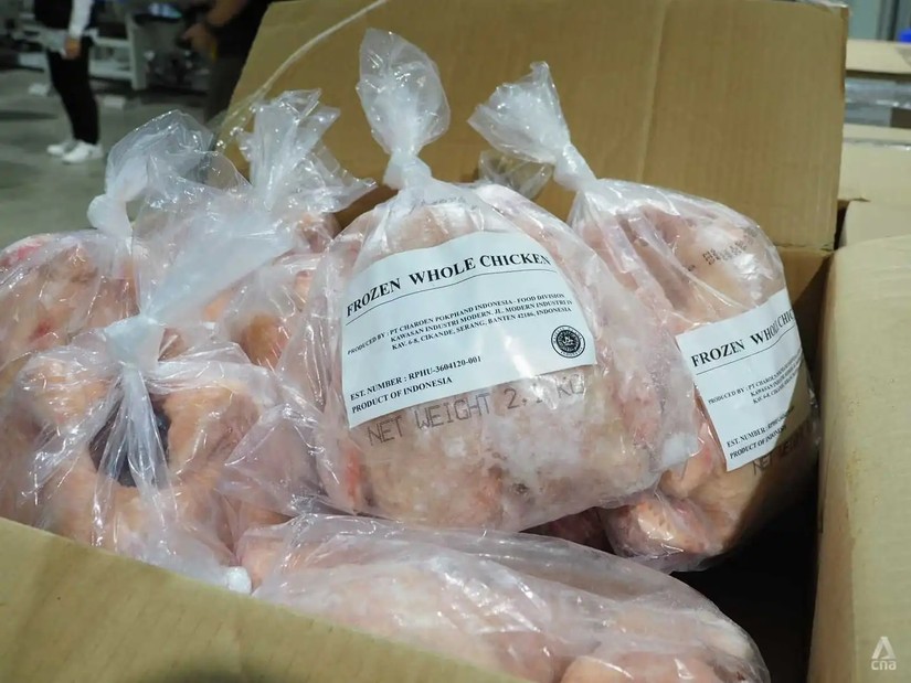 Lô thịt gà đông lạnh của Indonesia được xuất khẩu sang Singapore. Ảnh: CNA
