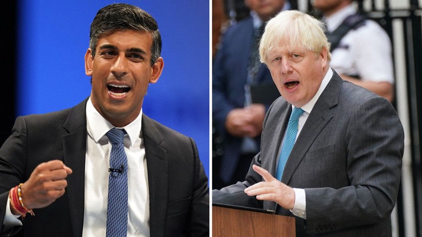 Cựu Bộ trưởng Tài chính Rishi Sunak và cựu Thủ tướng Anh Boris Johnson được cho là đã tập hợp đủ 100 nghị sĩ ủng hộ tranh cử. Ảnh: Sky News
