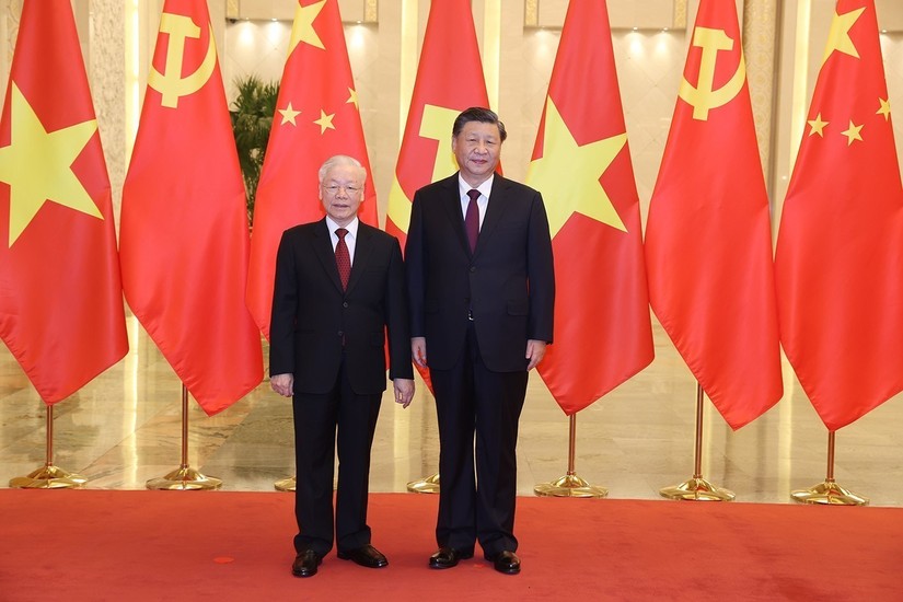Tổng Bí thư Nguyễn Phú Trọng và Tổng Bí thư, Chủ tịch Trung Quốc Tập Cận Bình tại Đại lễ đường Nhân dân, Bắc Kinh, ngày 31/10/2022. Ảnh: TTXVN