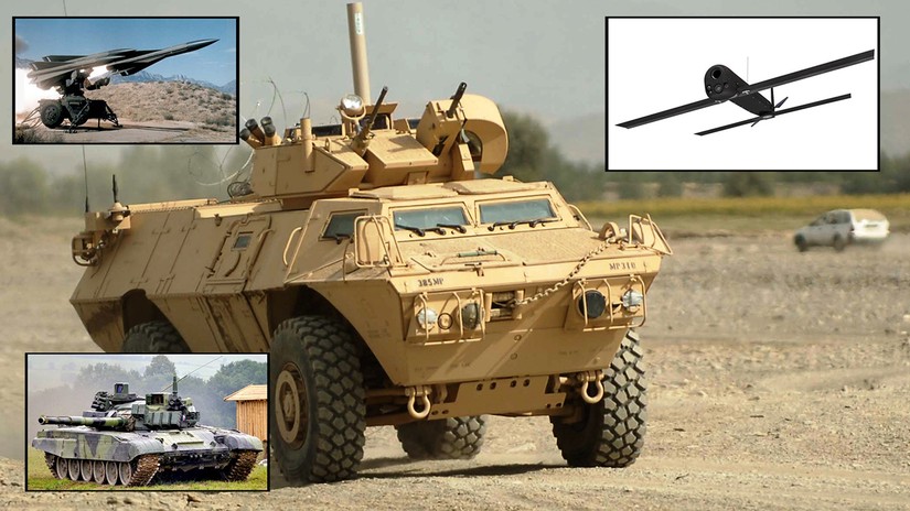 Thiết giáp M1117, tên lửa hệ thống phòng không HAWK, máy bay không người lái (UAV) cỡ nhỏ Phoenix Ghost và xe tăng T-72 được tân trang. Ảnh: Auto News