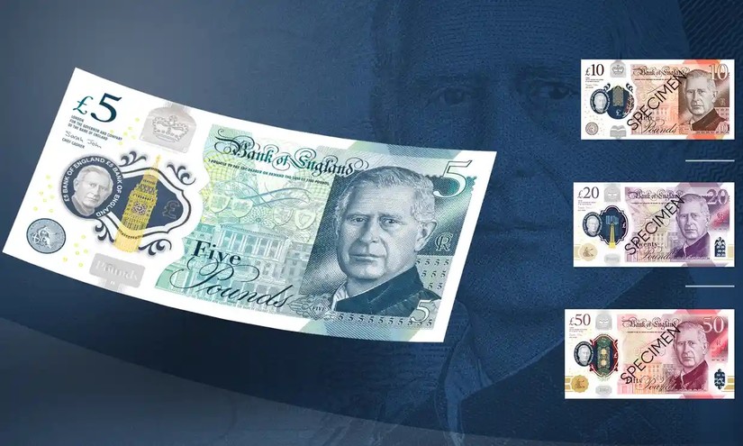 Chân dung Vua Charles III sẽ xuất hiện trên 4 tờ tiền giấy: 5 Bảng, 10 Bảng, 20 Bảng và 50 Bảng. Ảnh: Ngân hàng Trung ương Anh