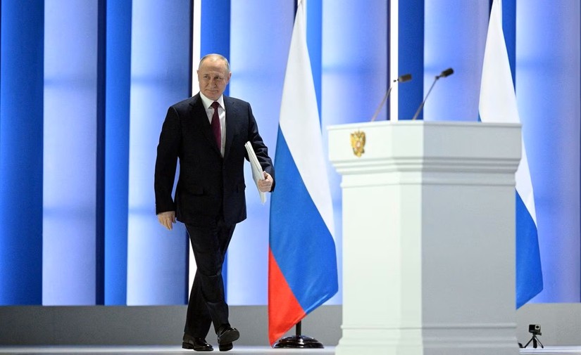 Tổng thống Nga Vladimir Putin trong buổi đọc Thông điệp Liên bang, ngày 21/2. Ảnh: Reuters