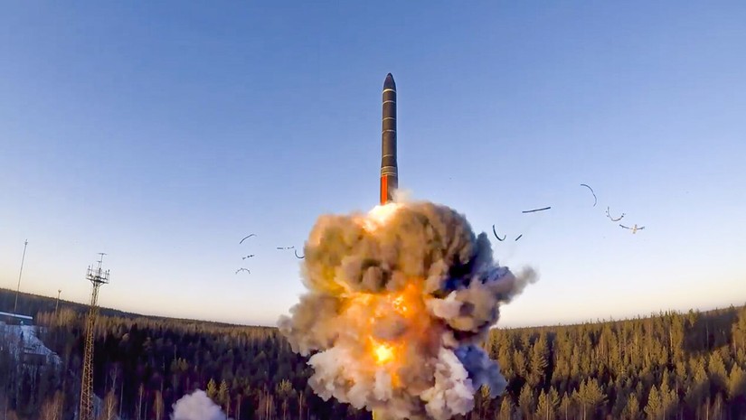 Vụ thử tên lửa đạn đạo xuyên lục địa tại Plesetsk, Nga. Ảnh: AP