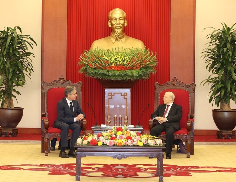 Tổng Bí thư Nguyễn Phú Trọng tiếp Ngoại trưởng Mỹ Antony Blinken tại Trụ sở Trung ương Đảng, chiều 15/4. Ảnh: TTXVN