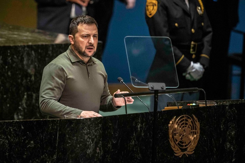 Tổng thống Ukraine Volodymyr Zelensky phát biểu tại Đại hội đồng Liên Hợp Quốc, ngày 19/9. Ảnh: New York Times