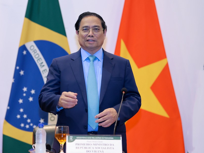 Thủ tướng Phạm Minh Chính có phát biểu chính sách tại Bộ Ngoại giao Brazil. Ảnh: VGP