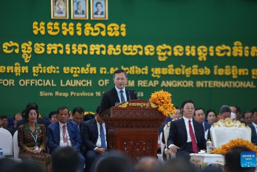Thủ tướng Campuchia Hun Manet phát biểu tại lễ khánh thành sân bay quốc tế Siem Reap Angkor, ngày 16/11. Ảnh: Xinhua