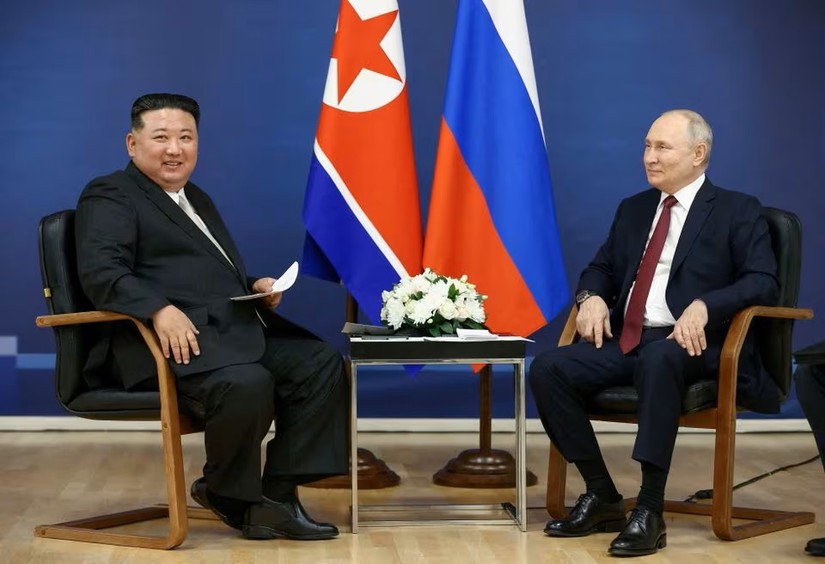 Tổng thống Nga Vladimir Putin và nhà lãnh đạo Triều Tiên Kim Jong-un tại cuộc gặp ở vùng Viễn đông Amur, Nga, ngày 13/9/2023. Ảnh: Sputnik
