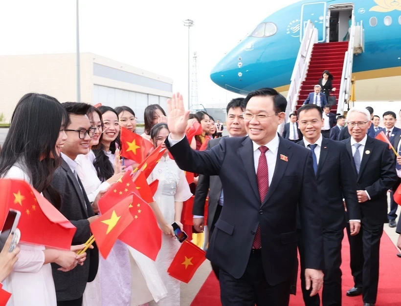 Cán bộ, nhân viên Đại sứ quán và đại diện cộng đồng người Việt Nam đón Chủ tịch Quốc hội Vương Đình Huệ tại sân bay quốc tế Bắc Kinh. Ảnh: TTXVN
