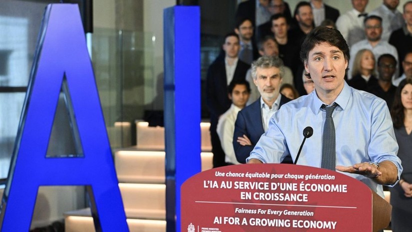 Thủ tướng Canada Justin Trudeau phát biểu trong buổi họp báo ngày 7/4 về đổi mới để tăng trưởng kinh tế trước ngân sách liên bang năm 2024, tại Montreal. Ảnh: Theo CityNews Toronto.